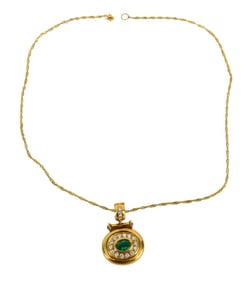 18K Yellow Gold Necklace & Pendant. Diamond Emerald Pendant 1.25" Necklace 18" wt. 12.5 grams