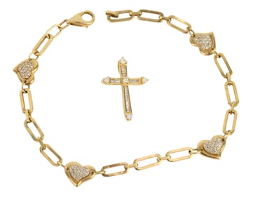 14K Yellow Gold Bracelet & Cross Pendent. Wt. 10 grams Heart Bracelet / Anklet 9.5" . Diamond Cross