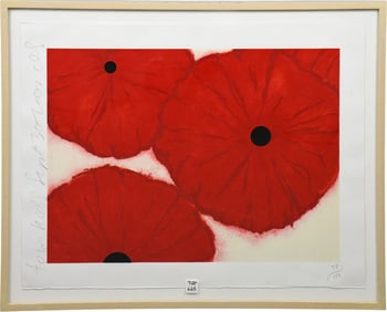 Donald Sultan (American, b. 1951) Screen-print in colors with felt collage on paper. FOUR REDS.