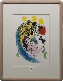 Marc Chagall (1887-1985) Color Lithograph, Lovers with Red Sun - 1960. Pencil signed lower right,