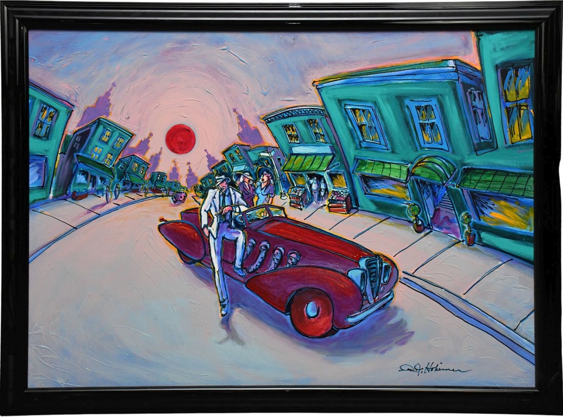 Rickey Hohimer (American, 1946-2021) oil on canvas, The last of the two seater- 1993. canvas 38-1/2: Rickey Hohimer (American, 1946-2021) oil on canvas, The last of the two seater- 1993. canvas 38-1/2 x 55-1/2 inches. overall, 44 x 61 inches.