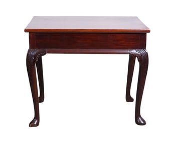 19th Century Queen Anne Style side table with carved acanthus knees on pad feet, 33h x 38w x