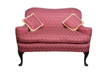Queen Anne Settee/Loveseat; fine condition, rose color and gold upholstery with bow and ribbon