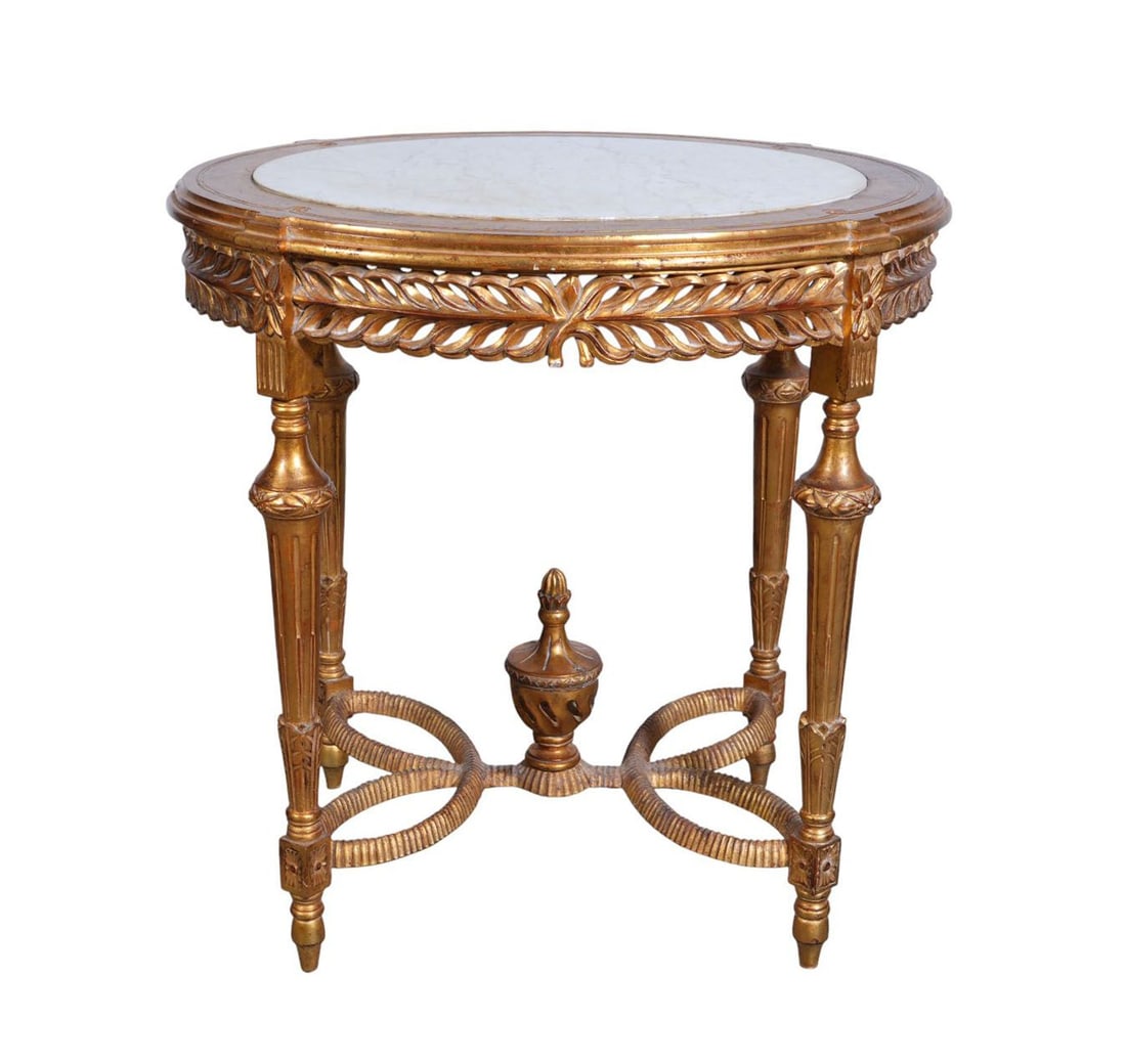 Gilded French Style Center Table, Leaf Motif Apron & Intertwining Stretcher Base with Urn Form (1 of 5)