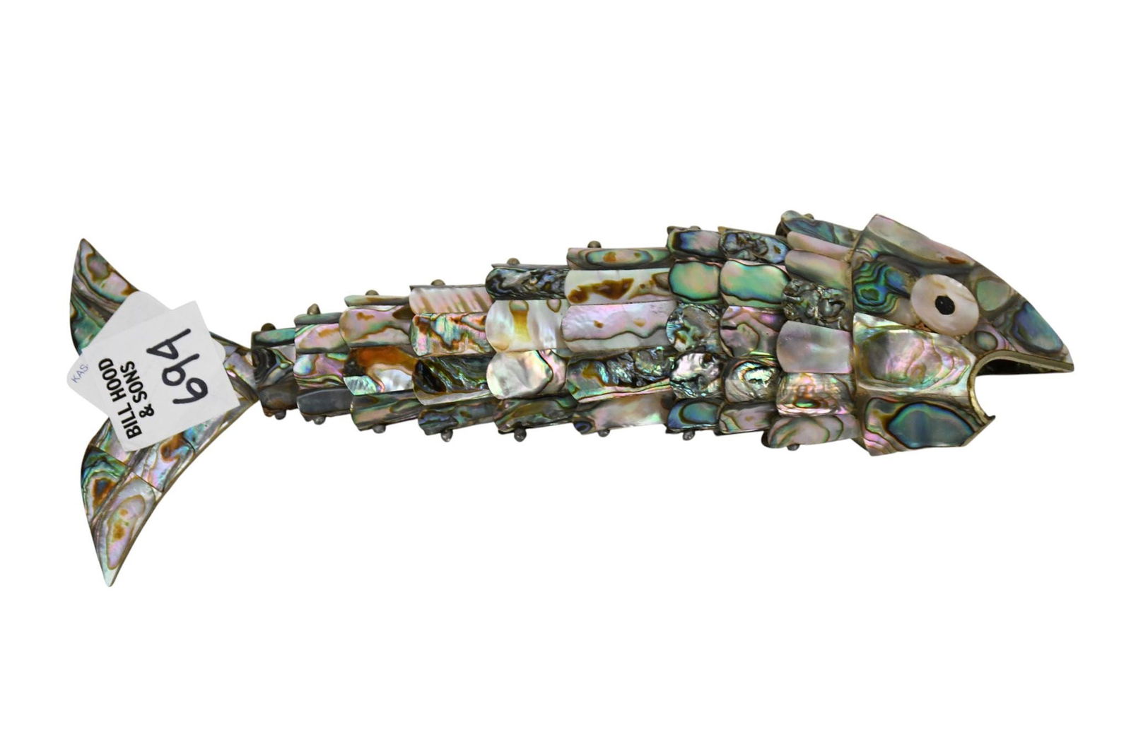 Vintage Abalone Articulated Fish Bottle opener, 8" long x 3" wide x 1 1/4" high: Vintage Abalone Articulated Fish Bottle opener, 8" long x 3" wide x 1 1/4" high