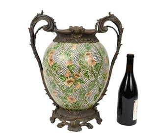 Large Castilian Floral Porcelain Vase with Ornate Brass Handles and Base. 19" x 15"