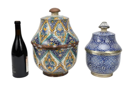 2 Moroccan Ceramic Jabana Jars, Largest 15" x 11"