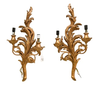 Pair 20th century Hand carved Italian Gilt wood 2 light Rococo branch form wall sconces 25" high x
