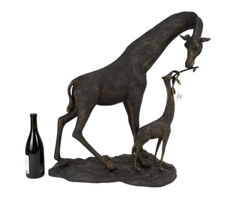 Bronzed Metal Sculpture of Mother and Baby Giraffe, 30" high x 27" wide x 13" deep