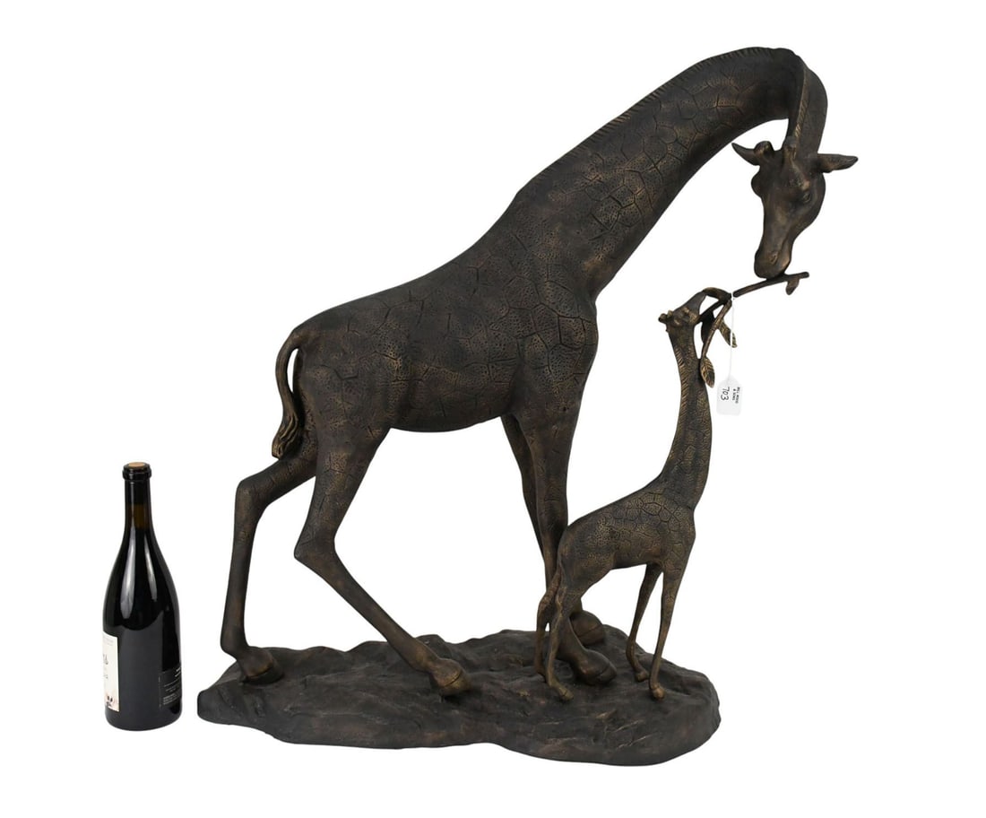 Bronzed Metal Sculpture of Mother and Baby Giraffe, 30" high x 27" wide x 13" deep: Bronzed Metal Sculpture of Mother and Baby Giraffe, 30" high x 27" wide x 13" deep