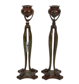 Pair of Tiffany Studios New York 8682. Art Nouveau Bronze Candlesticks 11-1/2 inches. Tall