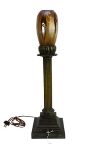 Tiffany Studios Signed Bronze Column Lamp w/ Glass Shade - C. 1920. A patinated bronze column-form