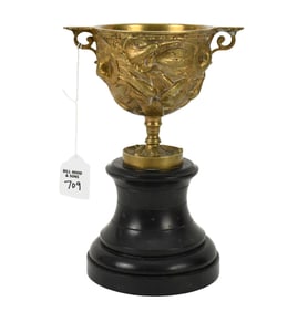 Antique Grand Tour Bronze Tazza on Black Marble Plinth Base, 9 1/2"H x 7"w