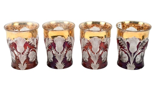 4 Water Tumblers, Ruby Cut to Clear, "Thistle", (4 1/4"h x 3"w) Worn Gold Flashing at Top