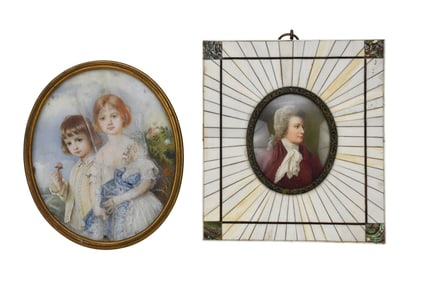 2 Miniature Hand Painted Portraits, Oval & Bronze Frame of 2 Children AND Oval in Square Frame of
