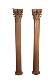 Pair 2pc. Wood Columns With Composition/Resin, Capitals, 74"h Columns, 11 "h x 18"dia