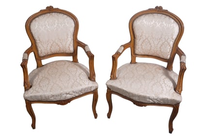 Pair French Provincial Carved Armchairs, Carved Rosette At Top With Brass Nail Heads, 36"h x 22"w x
