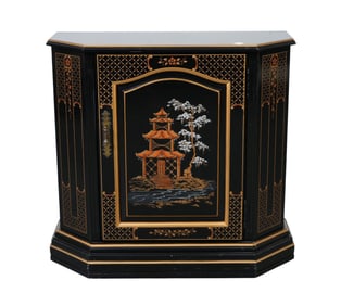 Console Cabinet, Black Lacquer Chinoiserie Design, Single Front Panel Door with Gold Accents, 29"h x