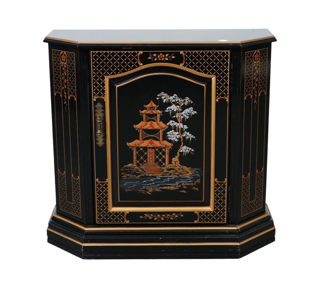 Console Cabinet, Black Lacquer Chinoiserie Design, Single Front Panel Door with Gold Accents, 29"h x (1 of 6)