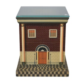 Side Table Painted in Architectural Design with Glass Top, 23"h x 18