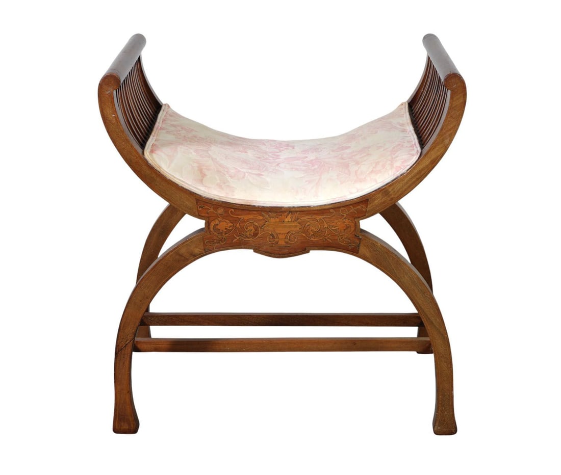 Curule Bench with Attached As Is Floral Seat Cushion, 24"h x 22"w x: Curule Bench with Attached As Is Floral Seat Cushion, 24"h x 22"w x 14"d ***If this item is not picked up by the Friday following the auction, it will be moved to offsite storage and pickup will be by