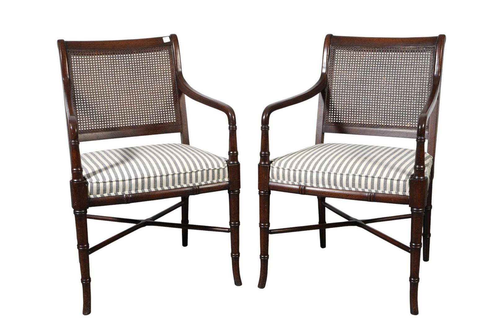 Pair Bamboo Motif Armchairs with Caned Backs, Striped Attached (1 of 8)
