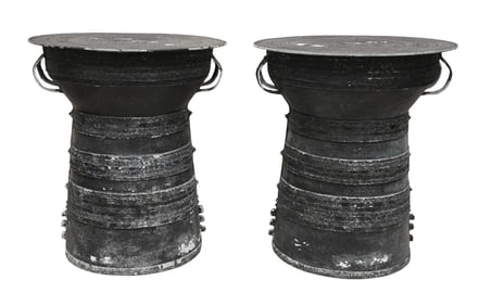 Pair Painted Black Rain Metal Drum Tables, 23"H x 20"dia (paint