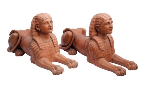 Pair Terracotta Egyptian Style Sphinx, 15"h x 30"w x 10"d