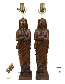 Pair Carved Wood Egyptian Female Figural Lamps, 23"h x 5"w (needs cleaning)