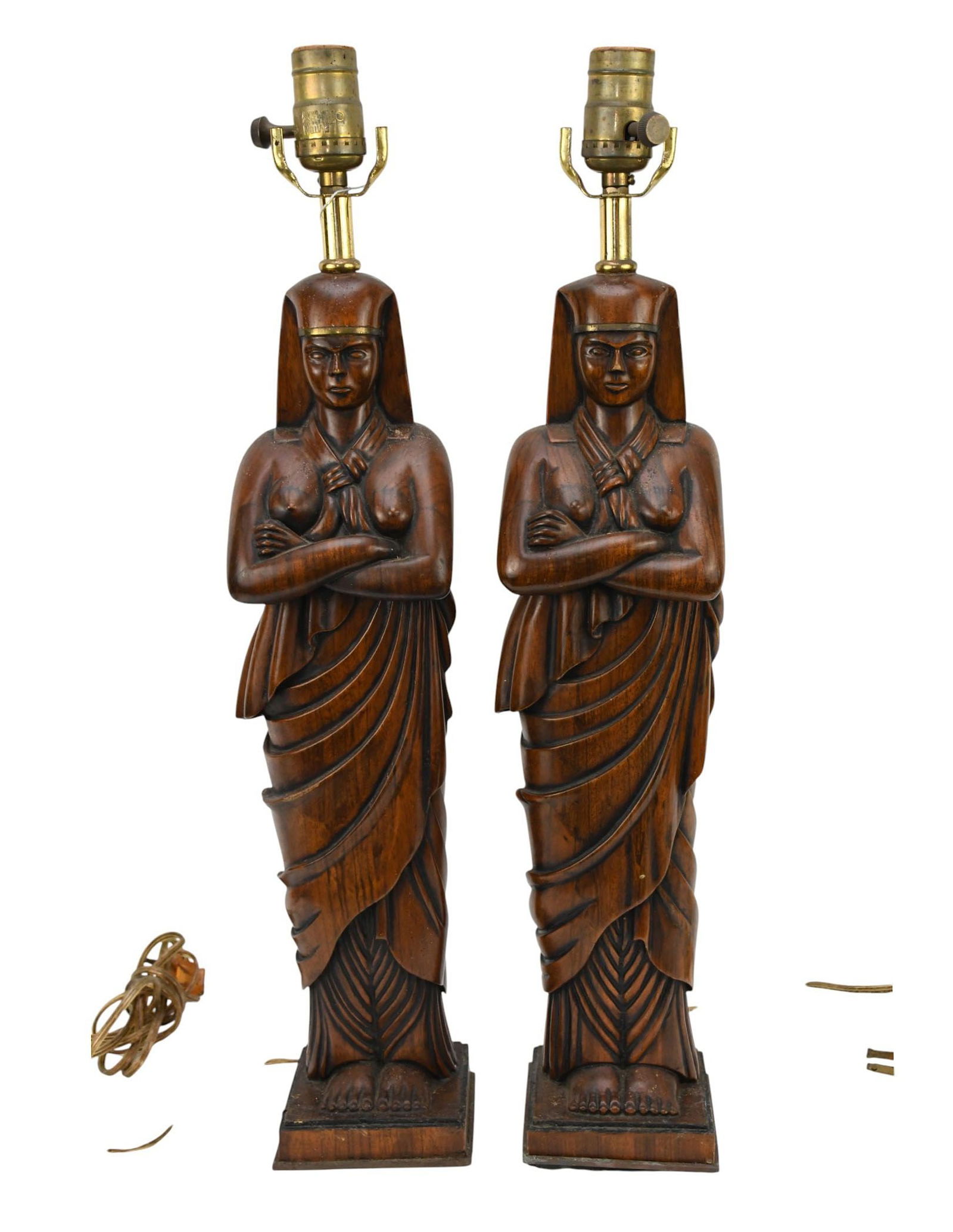 Pair Carved Wood Egyptian Female Figural Lamps, 23"h x 5"w (needs cleaning) (1 of 6)