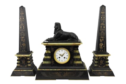 French Egyptian Revival Slate & Onyx Clock Garniture Set, C. 19th Century - An Egyptian Revival