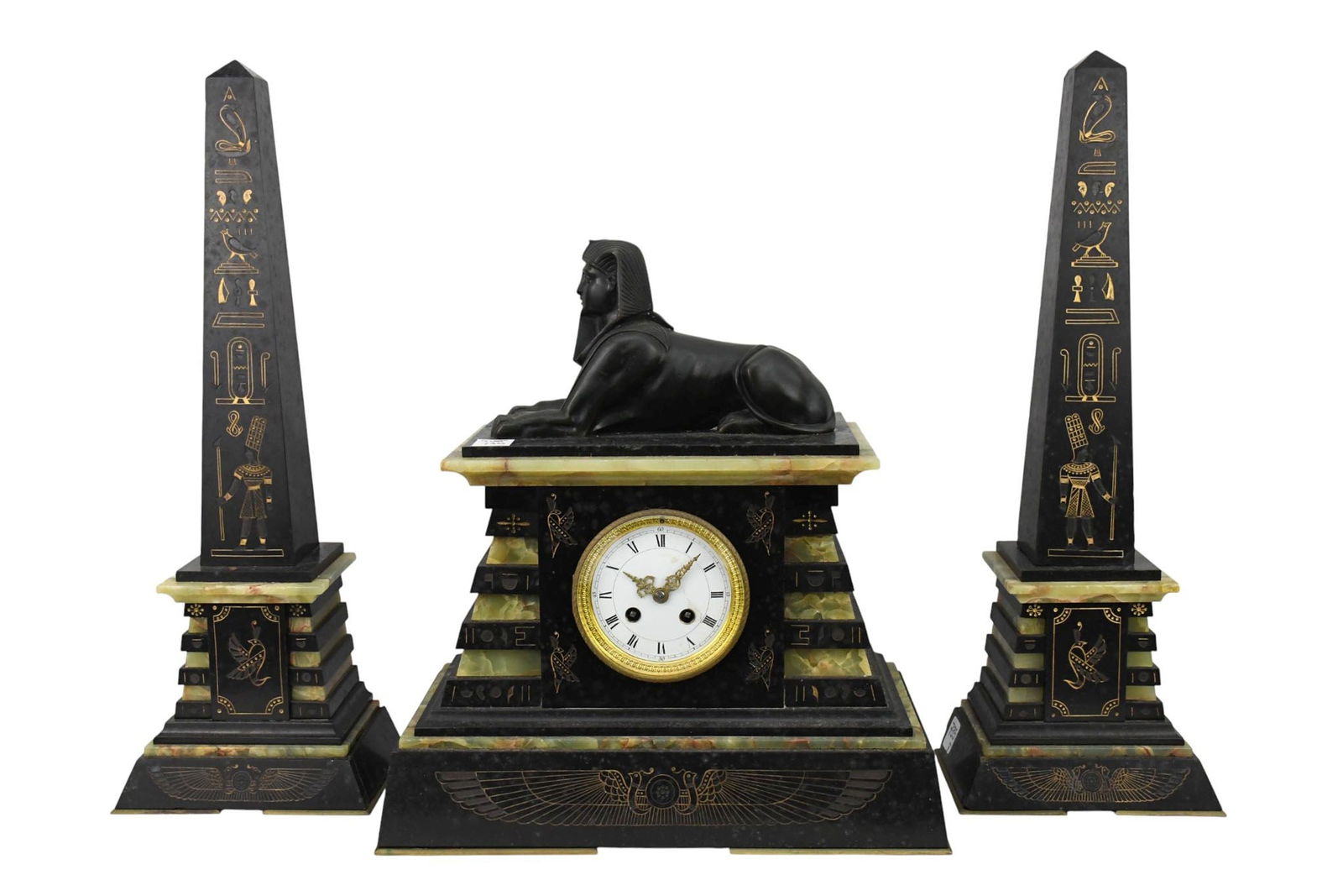 French Egyptian Revival Slate & Onyx Clock Garniture Set, C. 19th Century - An Egyptian Revival (1 of 13)