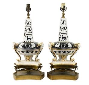 Pair Italian Porcelain Lamps, Black on White/White on Black Figures & Animals with Gold Accents