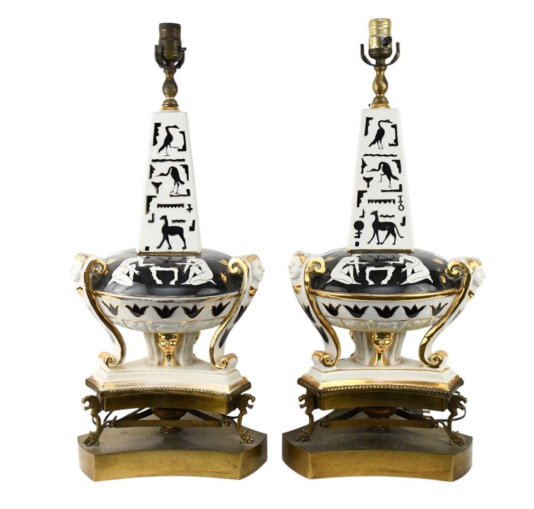 Pair Italian Porcelain Lamps, Black on White/White on Black Figures & Animals with Gold Accents (1 of 6)