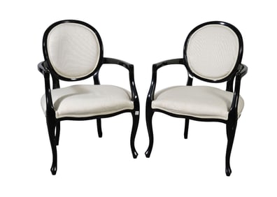 Pair Black Lacquered Frame Armchairs With Ivory Upholstery (some