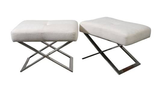 Pair Modern Chrome & Upholstered Ottomans, 17"h x 24"w x