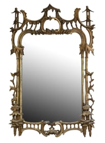 Asian Chinoiserie style mirror, Circa 1800, bevel glass, ornate carved and gilded wood frame;