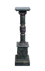 Green Marble Pedestal, Classical Style, Bronze Drape Design Under Bronze Capital on Plinth Base, 46