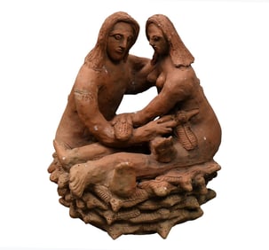 Terra Cotta Seated Pottery Adam and Eve with Animals, Signed Antonio Poteiro, 1 Repair on Arm, 19"H