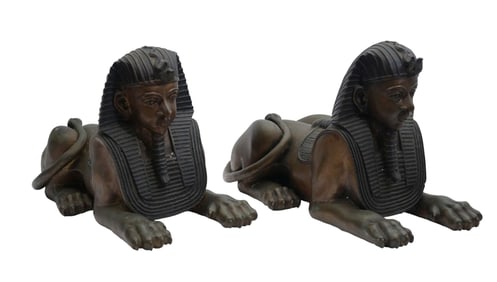 Pair Large Bronze Egyptian Sphinxes, 20th Century - A pair of large patinated bronze/brass Egyptian