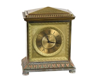 Brass/Bronze Table Clock, Imhof, Swiss Made, 7 1/2"h x 6 1/2"w x 3 1/2"d (has some pitting at base)