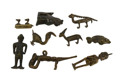 Group of Nine Bronze Diminutive Figures, African & Chinese, Akan Goldweight