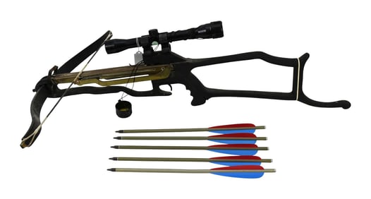 Vintage BARNETT COMMANDO Crossbow with scope & bolts, 1980's version 34" long x 26" wide 9" high