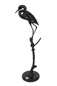 Bronze Crane Standing on Branch, Marble Base, 30"H x 8"W