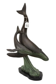 Bronze Sculpture of Humpback Whale and Calf with Wood Base, 20"H x 9 1/2" W