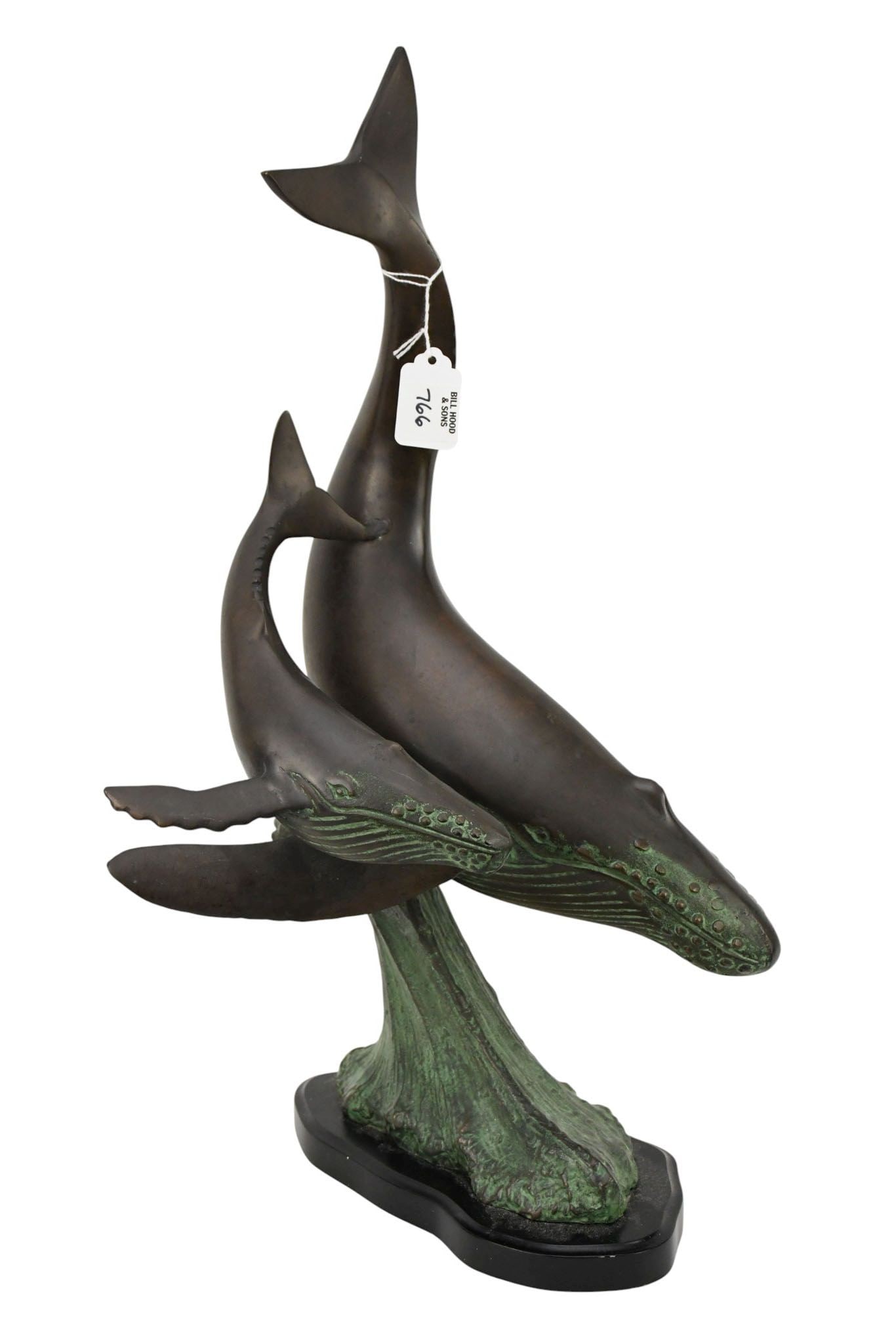 Bronze Sculpture of Humpback Whale and Calf with Wood Base, 20"H x 9 1/2" W: Bronze Sculpture of Humpback Whale and Calf with Wood Base, 20"H x 9 1/2" W