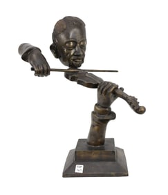 Vintage Bronze Modernist sculpture of Male Violinist, no apparent signature 21.5" high x 17" wide x