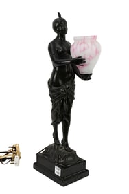 Bronze Art Deco Style Figural Lamp with pink Shade, on stepped marble base, Stamped Germany, 19.5"