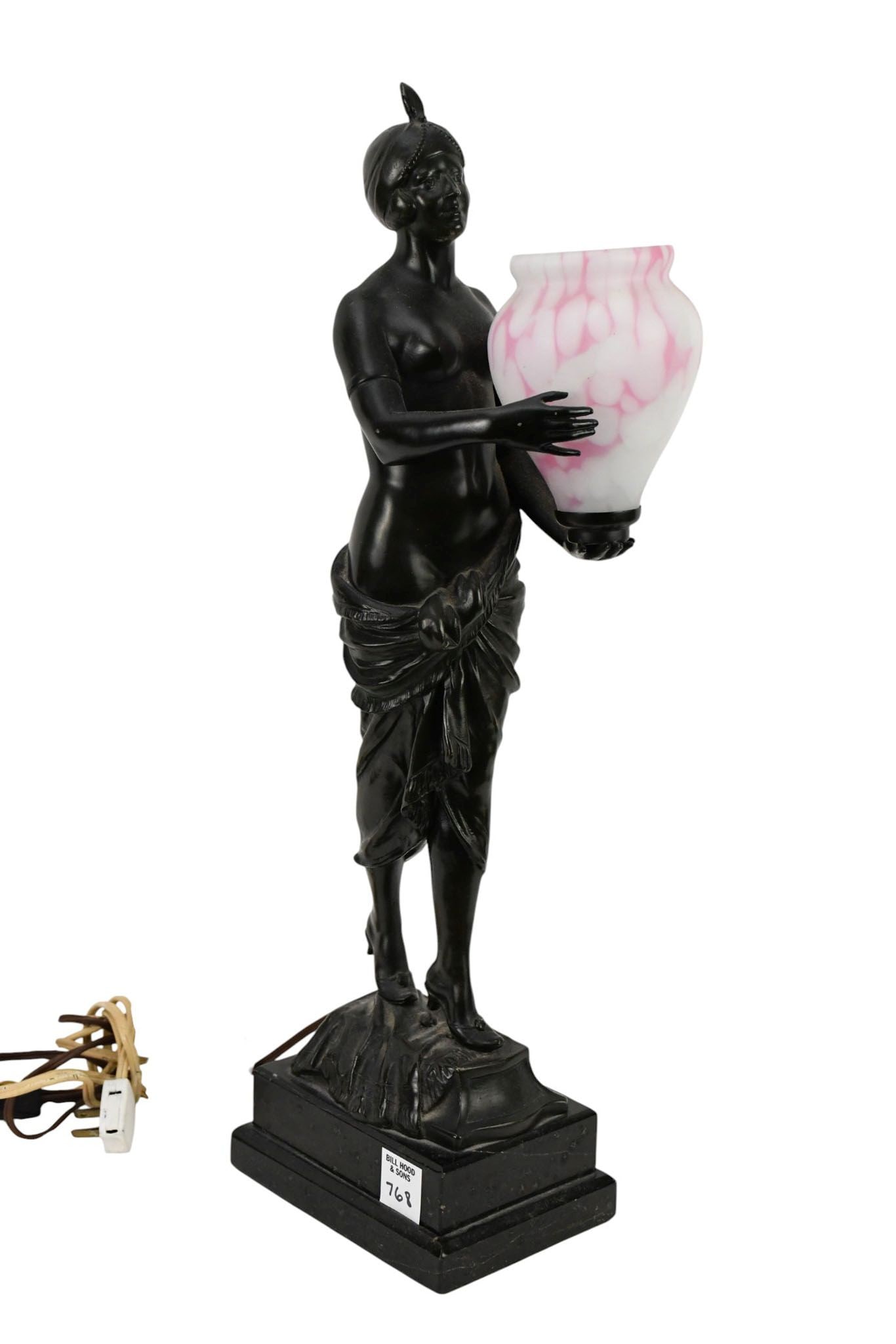 Bronze Art Deco Style Figural Lamp with pink Shade, on stepped marble base,  Stamped Germany, 19.5" (1 of 7)