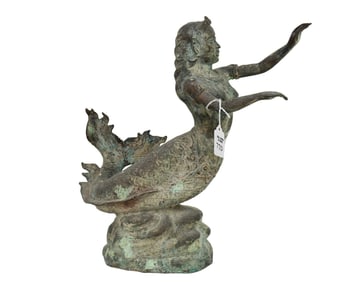 Vintage Thai Bronze statue of Suvannamaccha, with Verdigris patina 14" wide x 14.5" high x 6" deep